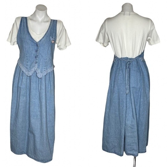 ALEXANDRA LEE Denim Jean Dress VINTAGE 80’s Light Blue White VINTAGE Size 10 - Picture 9 of 9